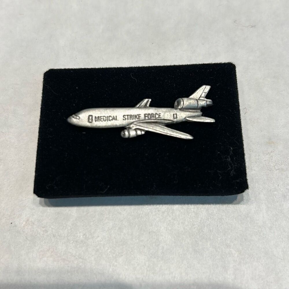 Vtg Airplane Medical Strike Force Lapel Pin DC-10 Silver Tone Jet Clutch Back